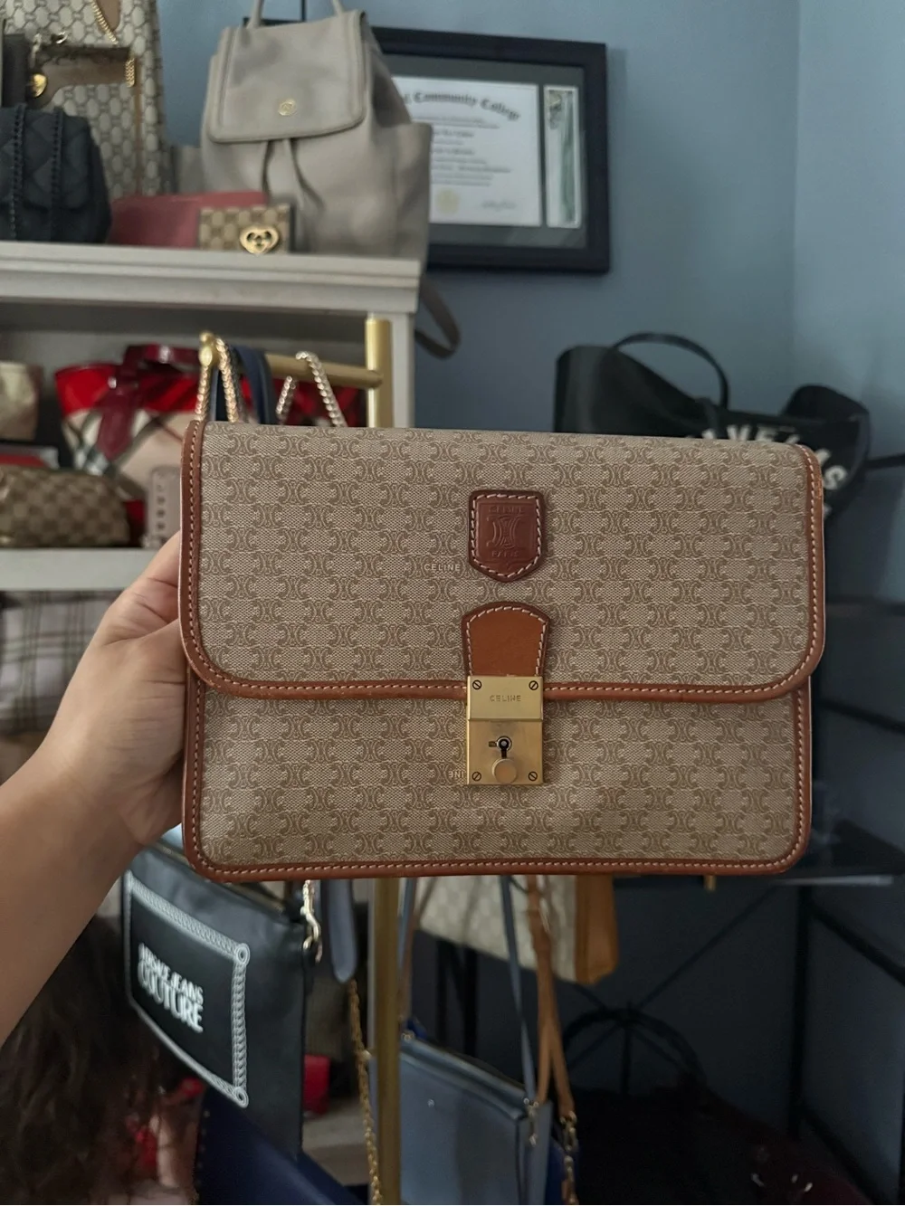 Celine Brown Monogram Canvas Clutch Bag with Gold Lock